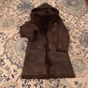 Chocolate Hooded Genuine Leather Fur Reversible Coat